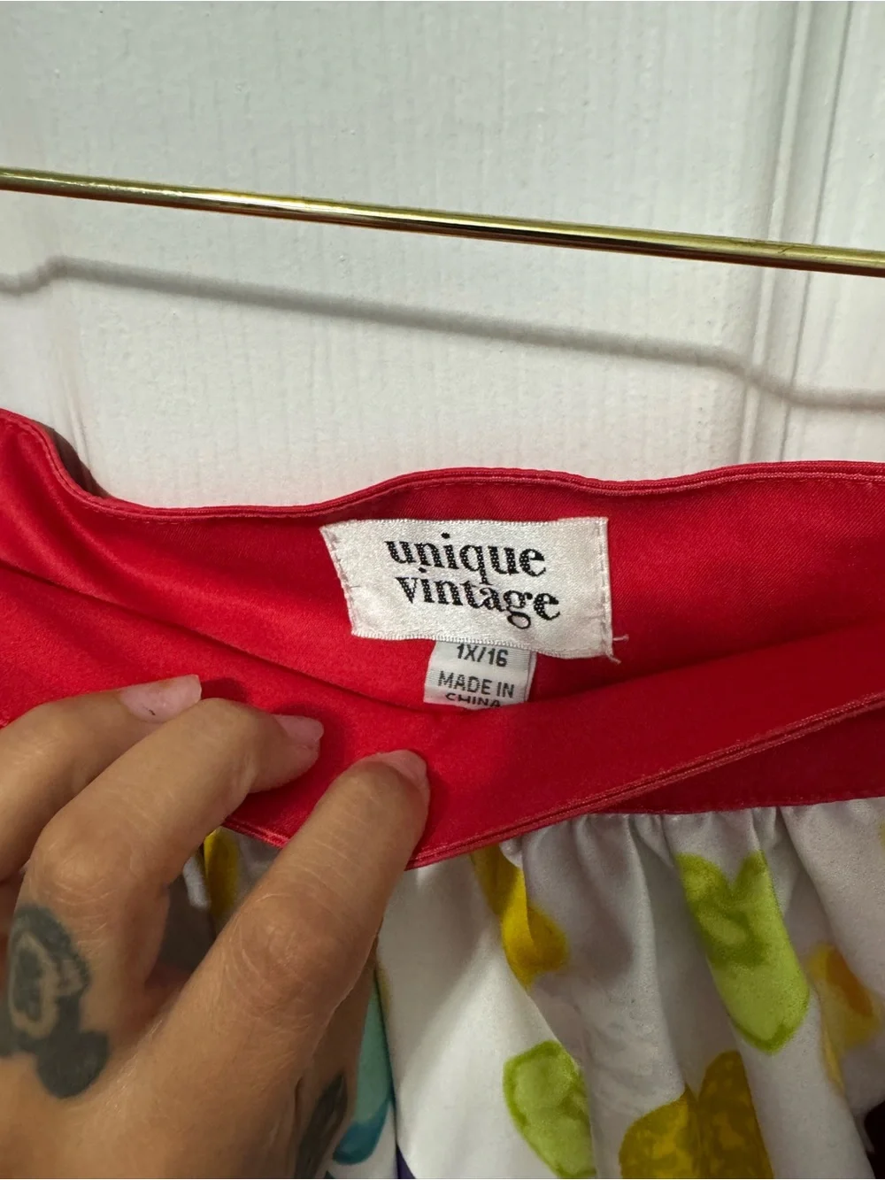 Unique Vintage White Skirt with Red Waist and Multicolor Heart Print